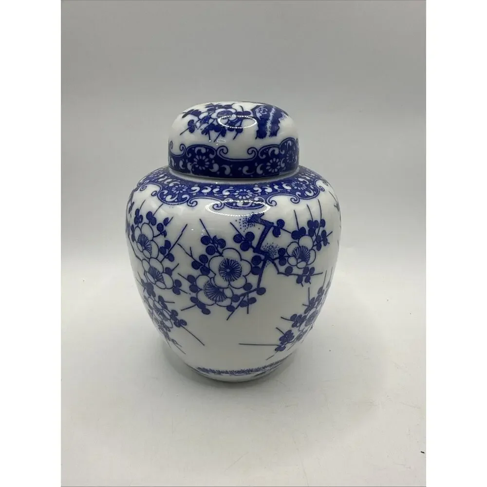 Blue & White Porcelain Floral Ginger Jar Style Lidded Jar Made in Japan *